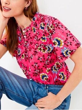 LOFT Pink Floral Gathered Yoke Flutter Sleeve Blouse- SP